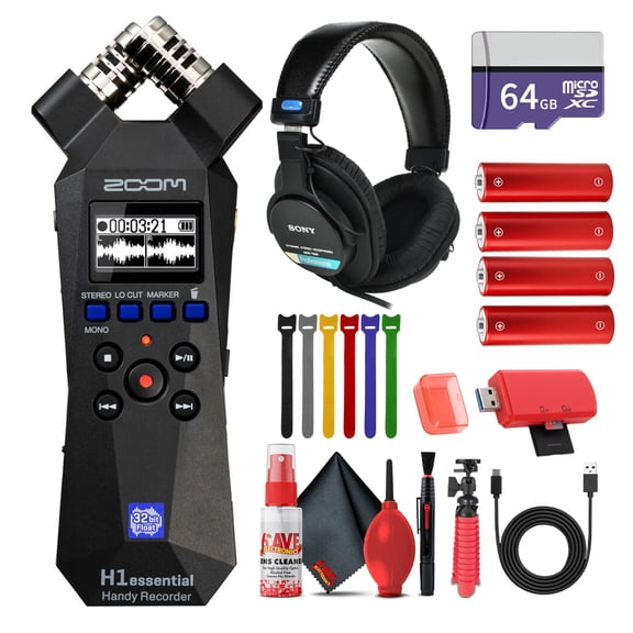 Zoom H1essential 2-Track 32-Bit Float Portable Audio Recorder Bundle With MDR-7506 Professional Stereo Headphones + Extreme Pro 64GB microSDXC Memory Card + USB Card Reader + More