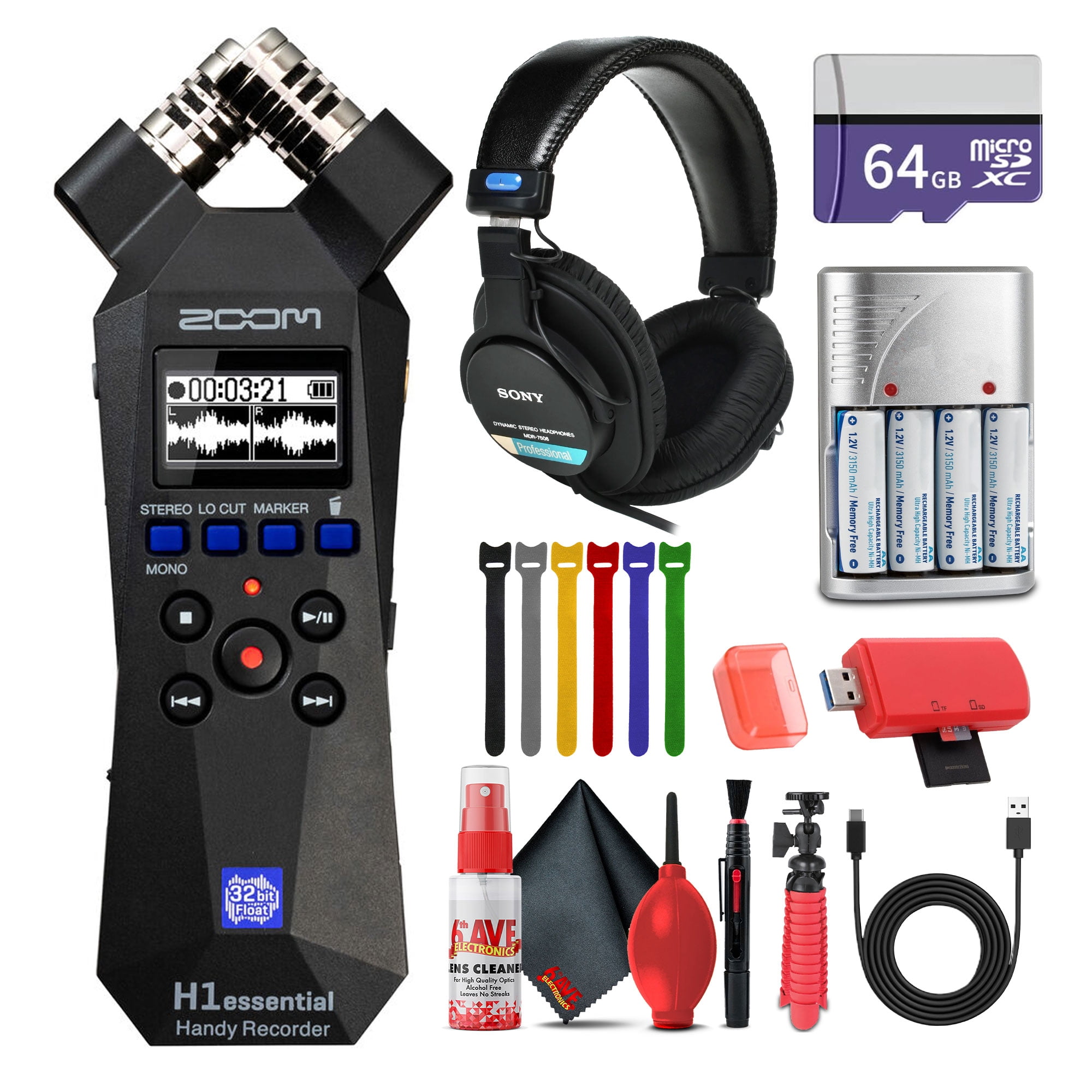 Zoom H1essential 2-Track 32-Bit Float Portable Audio Recorder Bundle With MDR-7506 Professional Stereo Headphones + Extreme Pro 64GB microSDXC Memory Card + USB Card Reader + More