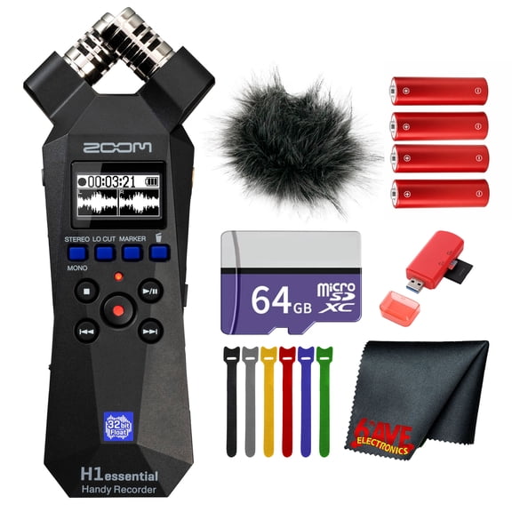 Zoom H1essential 2-Track 32-Bit Float Portable Audio Recorder Bundle Wiht Windscreen for H1E + 64GB Memory Card + Microfiber Cleaning Cloth + 4x AA Battery with Charger + More