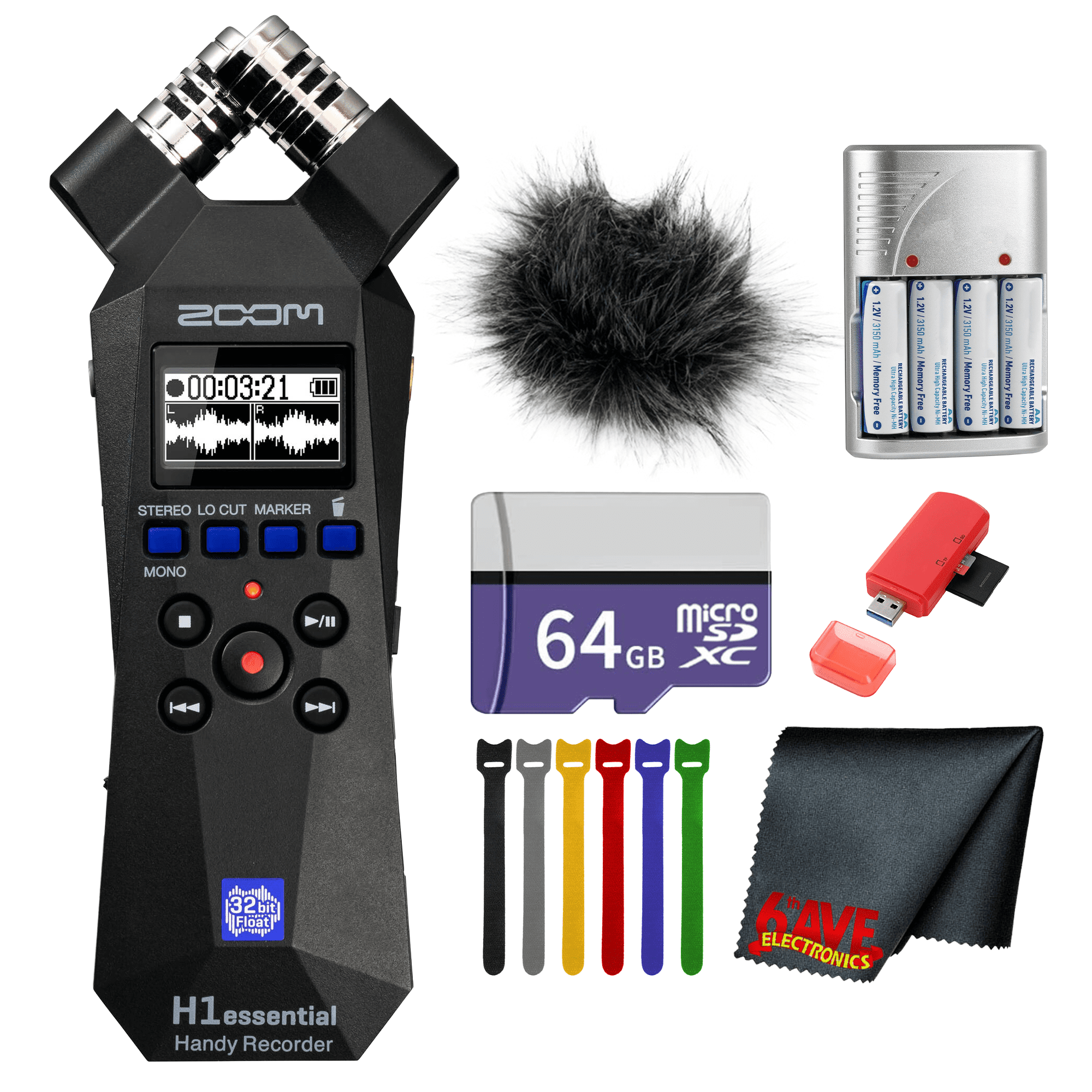 Zoom H1essential 2-Track 32-Bit Float Portable Audio Recorder Bundle Wiht Windscreen for H1E + 64GB Memory Card + Microfiber Cleaning Cloth + 4x AA Battery with Charger + More