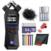 Zoom H1essential 2-Track 32-Bit Float Portable Audio Recorder Bundle Wiht Windscreen for H1E + 64GB Memory Card + Microfiber Cleaning Cloth + 4x AA Battery with Charger + More