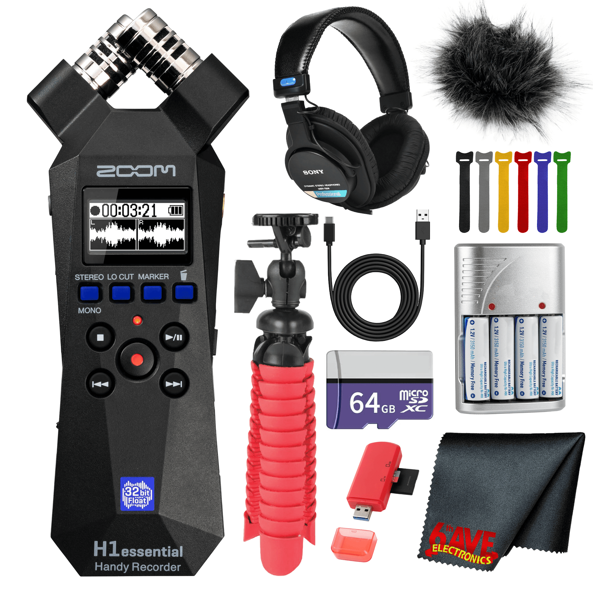 Zoom H1essential 2-Track 32-Bit Float Portable Audio Recorder Bundle with Windscreen for H1E + Flexible Tripod + Professional Stereo Headphones + 64GB Memory Card + 4xAA Battery with Charger + More