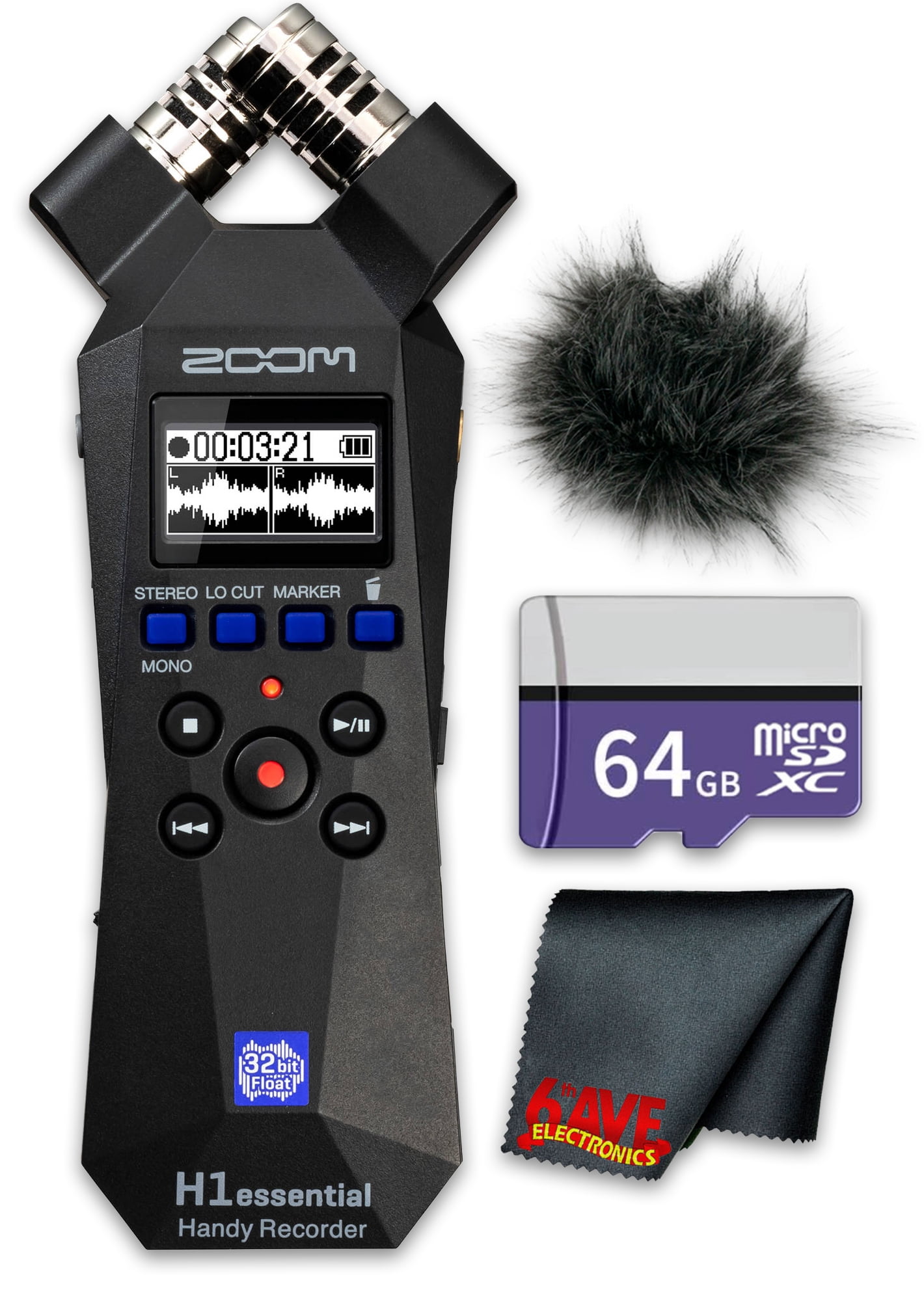 Zoom H1essential 2-Track 32-Bit Float Portable Audio Recorder Bundle With Windscreen for H1E + 64GB Memory Card + Microfiber Cleaning Cloth