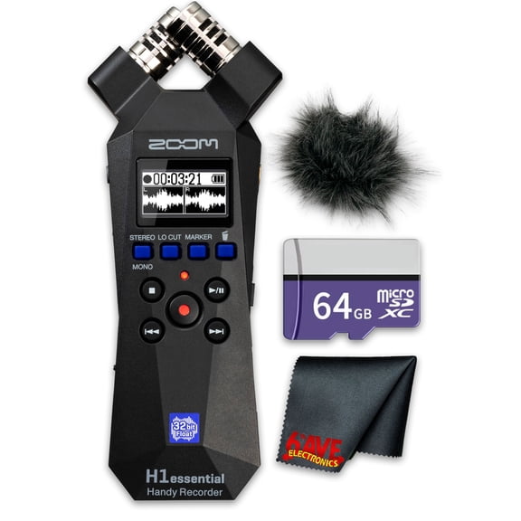 Zoom H1essential 2-Track 32-Bit Float Portable Audio Recorder Bundle With Windscreen for H1E + 64GB Memory Card + Microfiber Cleaning Cloth