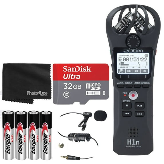 Zoom H1n 2-Input / 2-Track Portable Handy Recorder with Onboard X/Y Microphone (Black) + 32GB microSDHC UHS-I Card and Adapter + Lavalier Condenser Microphone + 4x AAA Alkaline Batteries + Cloth