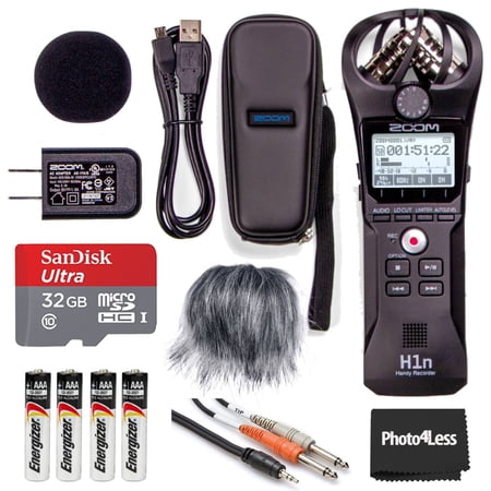 Zoom H1n-VP Portable Digital Recorder Value Pack Black + 4 AAA Alkaline Batteries + 32GB microSDHC Card + Furry Microphone Windscreen + Cable