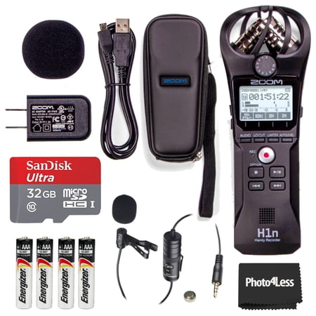 Zoom H1n-VP Portable Digital Recorder Value Pack Black + 4 AAA Alkaline Batteries + 32GB microSDHC Card + Professional Lavalier Condenser Microphone - Bundle