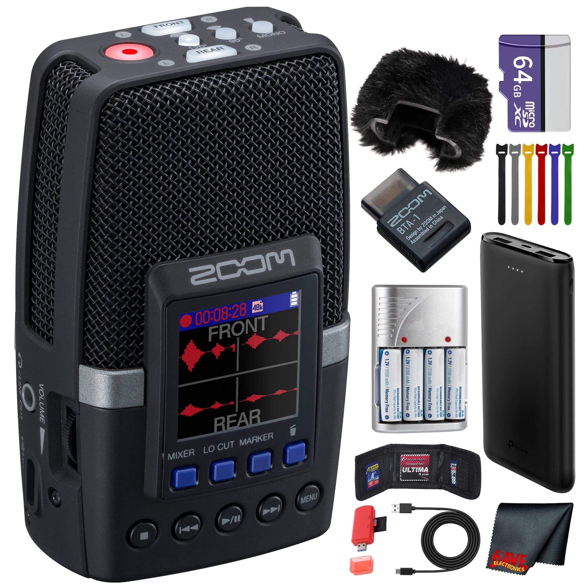 Zoom H2essential Multi-Mic 32-Bit Float Handy Recorder Bundle With Windscreen for H2E + BTA-1 Bluetooth Adapter + 64GB Memory Card + P-Bank Battery + 4xAA Battery with Charger + More