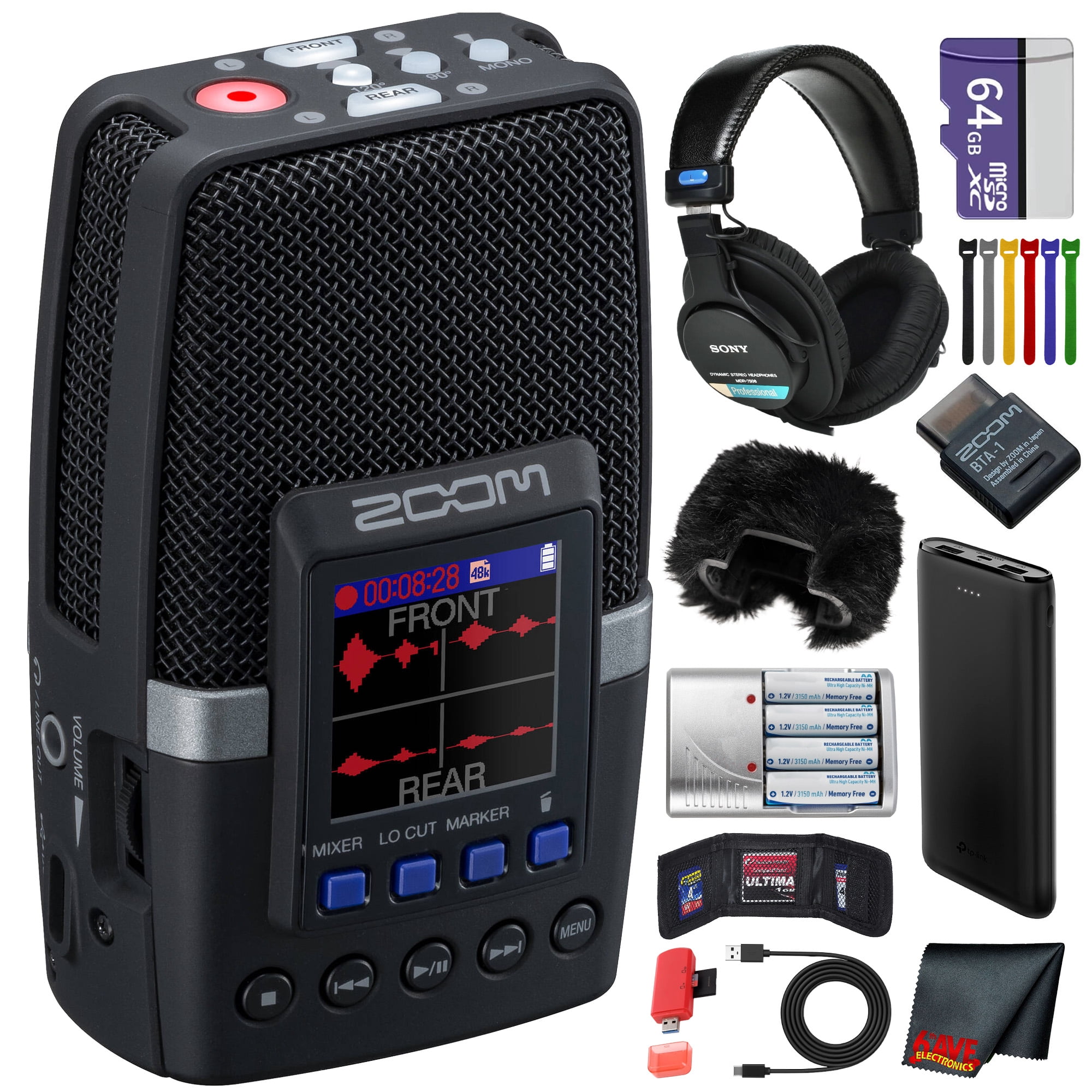 Zoom H2essential Multi-Mic 32-Bit Float Handy Recorder Bundle With Windscreen for H2E + BTA-1 Bluetooth Adapter + Professional Stereo Headphones + 64GB Memory Card + 4xAA Battery with Charger + More