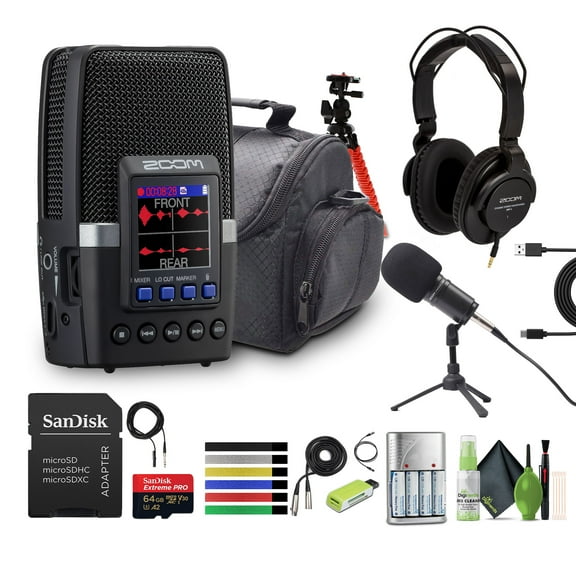 Zoom H2essential Multi-Mic 32-Bit Float Handy Recorder Bundle With Zoom ZDM-1 Podcast Mic Pack + Memory Card microSDXC Extreme Pro 64GB + USB Card Reader, SD/microSD + More