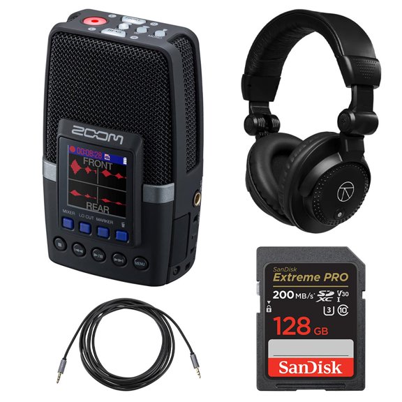 Zoom H2essential Multi-Mic 32-Bit Float Handy Recorder, Bundle with TAPH100 Headphones, 128GB Memory Card and 10' Stereo Mini Male Cable