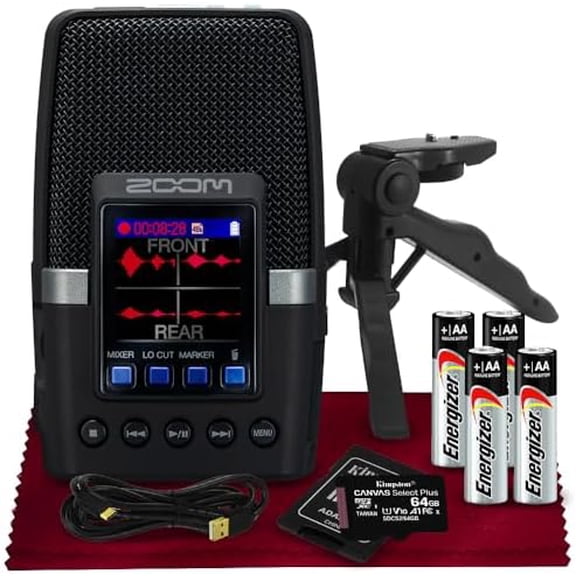 Zoom H2essential Multi-Mic Handy Recorder, 32-Bit Float, Portable Recorder with 3 Built-in Microphones  64GB  SD, Batteries, USB Cable & Tripod for Music, Podcast, Live Streaming and More