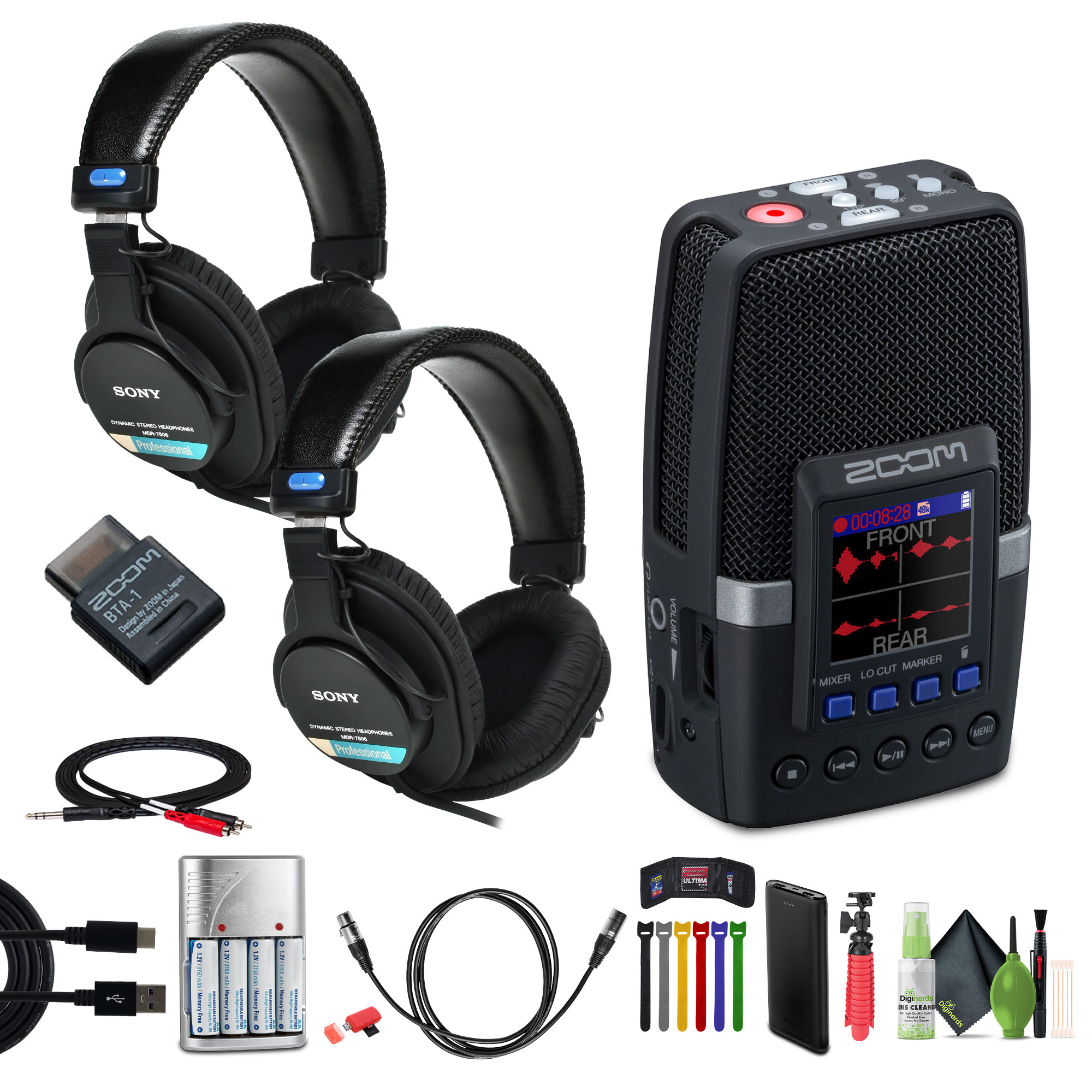 Zoom H2essential Multi-Mic Handy Recorder Bundle With 2x MDR-7506 Professional Stereo Headphones + Memory Card Wallet + 1/4 in TRS to Dual RCA Insert Cable + More
