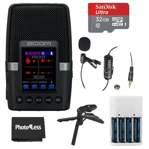 Zoom H2essential Multi-Mic Handy Recorder Bundle with 32GB microSDHC Card with Adapter, Vidpro Professional Lavalier Condenser Microphone, 4 AA Batteries & Charger, Table Tripod Hand Grip