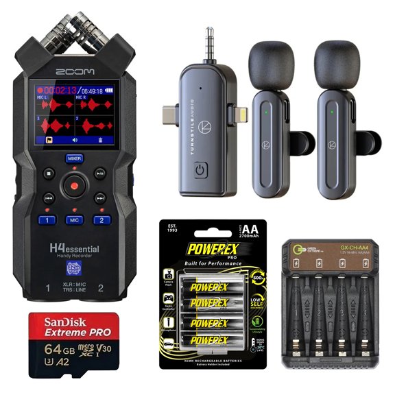 Zoom H4essential 4-Track 32-Bit Float Handy Recorder, Bundle with Wireless Microphone, PRO 64GB Memory Card, 4x NiMH Batteries, 4-Bay Charger