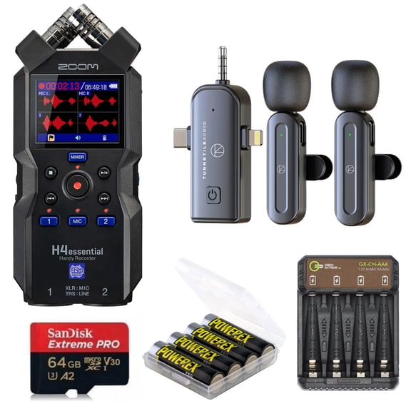 Zoom H4essential 4-Track 32-Bit Float Handy Recorder, Bundle with Wireless Microphone, PRO 64GB Memory Card, 4x NiMH Batteries, 4-Bay Charger