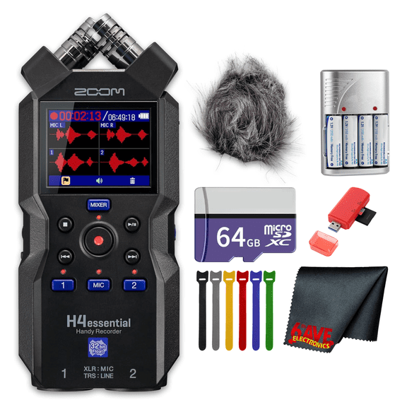 Zoom H4essential 4-Track 32-Bit Float Portable Audio Recorder Bundle With Windscreen for H4E + 64GB Memory Card + USB Card Reader + Microfiber Cleaning Cloth + 4xAA Battery with Charger + More