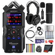 Zoom H4essential 4-Track 32-Bit Float Portable Audio Recorder Bundle With Windscreen for H4E + ZDM-1 Podcast Mic Pack with Headphones + 64GB Memory Card + 4xAA Battery with Charger + More
