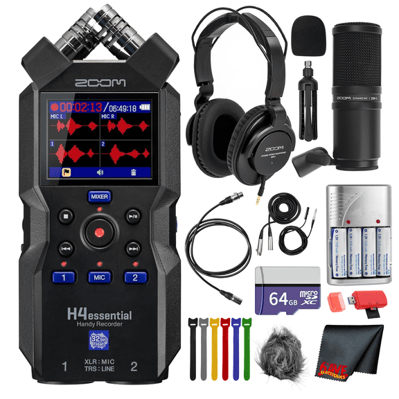 Zoom H4essential 4-Track 32-Bit Float Portable Audio Recorder Bundle With Windscreen for H4E + ZDM-1 Podcast Mic Pack with Headphones + 64GB Memory Card + 4xAA Battery with Charger + More