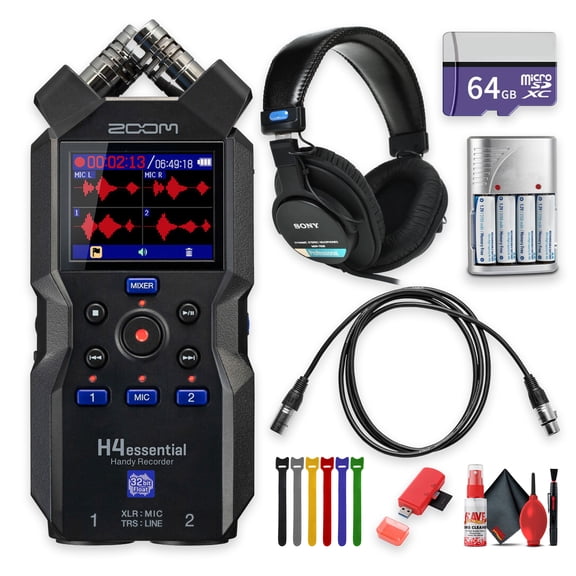 Zoom H4essential 4-Track 32-Bit Float Portable Audio Recorder Bundle With BTA-1 Bluetooth Adapter + MDR-7506 Professional Stereo Headphones + More