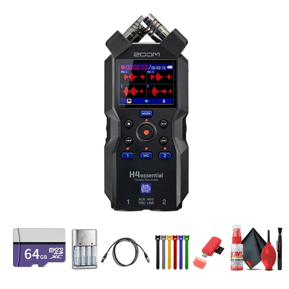 Zoom H4essential 4-Track 32-Bit Float Portable Audio Recorder Bundle With Extreme Pro 64GB microSDXC Memory Card + More