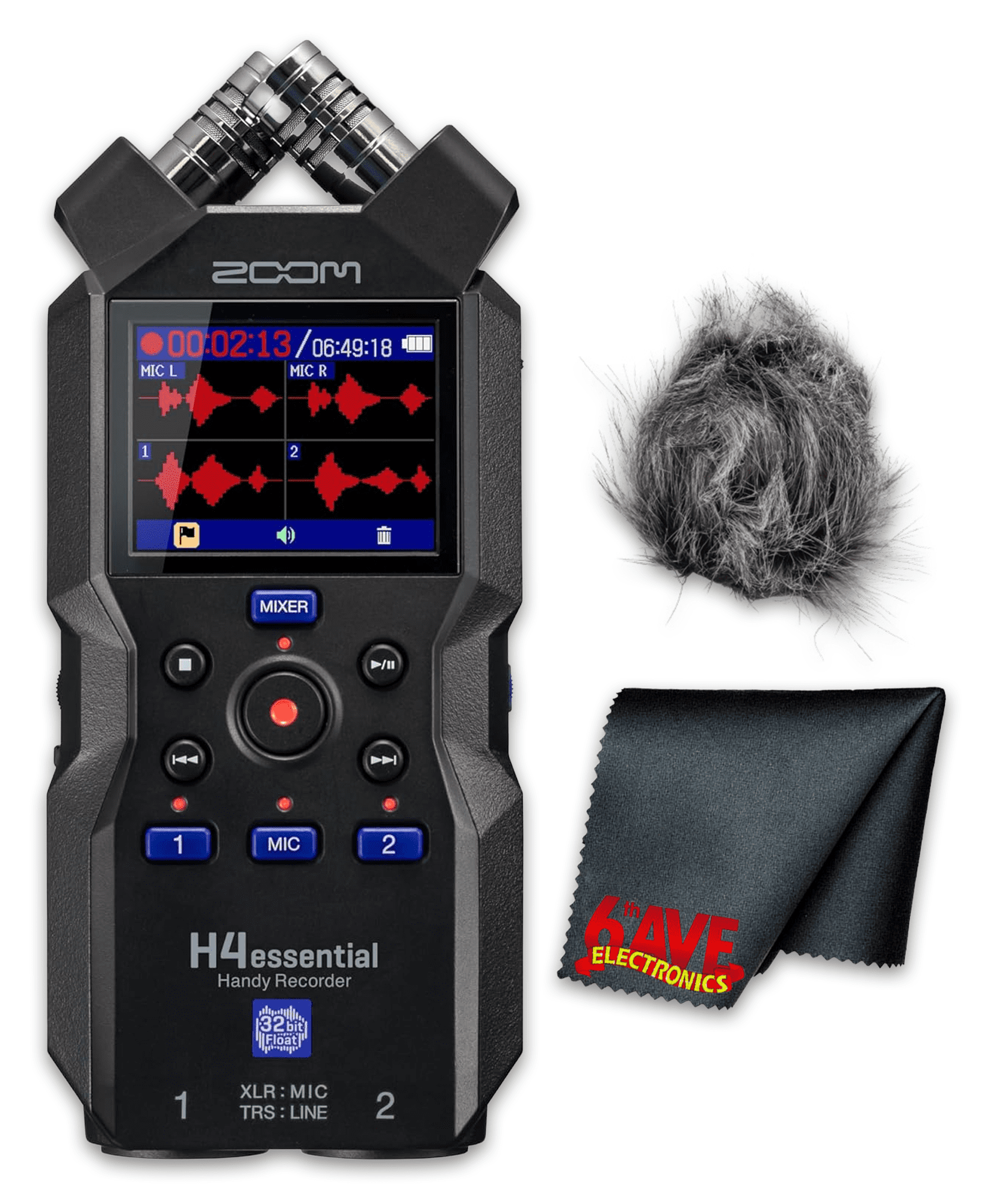 Zoom H4essential 4-Track 32-Bit Float Portable Audio Recorder Bundle With Windscreen for H4E + Microfiber Cleaning Cloth