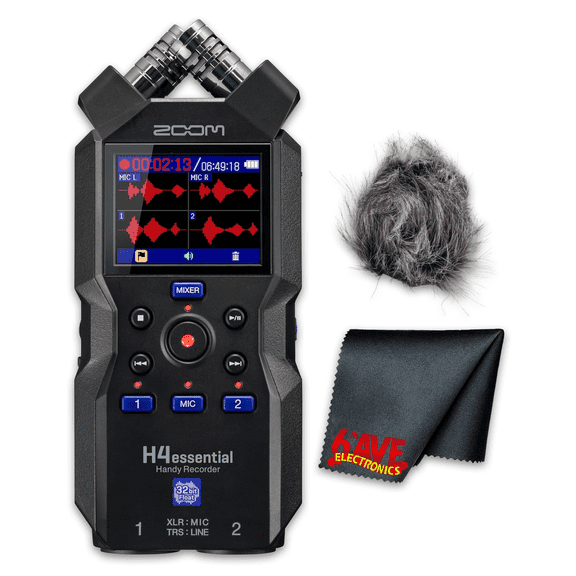 Zoom H4essential 4-Track 32-Bit Float Portable Audio Recorder Bundle With Windscreen for H4E + Microfiber Cleaning Cloth