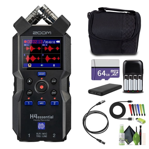 Zoom H4essential 4-Track 32-Bit Float Portable Audio Recorder for Musicians, Podcasters Bundle