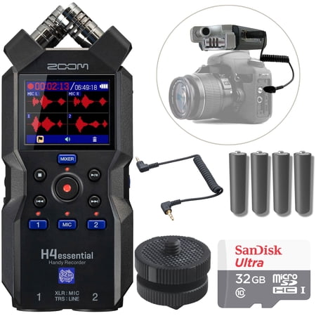 Zoom H4essential 4-Track Handy Recorder and Hot/Cold Shoe Mount + Stereo Mini Cable for DSLR Cameras