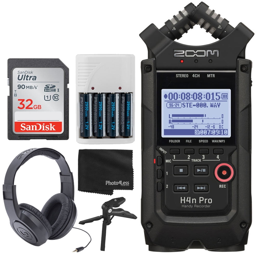 Zoom H4n Pro 4-Input/4-Track Portable Handy Recorder with Onboard X/Y Mic  Capsule (Black) + Over-Ear Stereo Headphones + 32GB Memory Card + Table  Tripod Hand Grip + 4 AA Batteries and Charger 