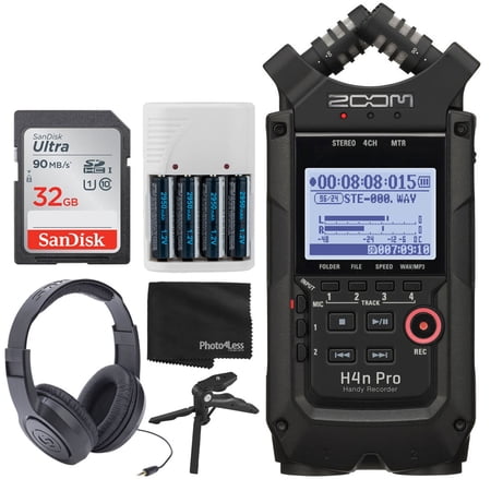 Zoom H4n Pro 4-Input/4-Track Portable Handy Recorder with Onboard X/Y Mic Capsule (Black) + Over-Ear Stereo Headphones + 32GB Memory Card + Table Tripod Hand Grip + 4 AA Batteries and Charger