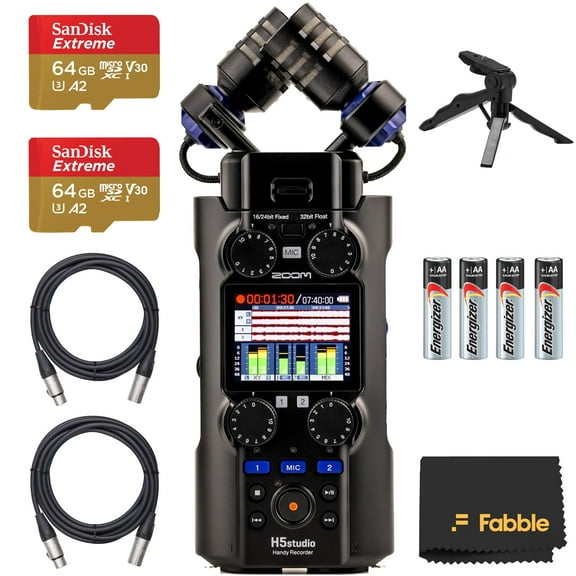 Zoom H5 Studio Handy Recorder Bundle with 2 64GB microSDXC Memory Cards, 2 10ft XLR Audio Cables, AA Battery Kit, Table Tripod Hand Grip, and Accessories