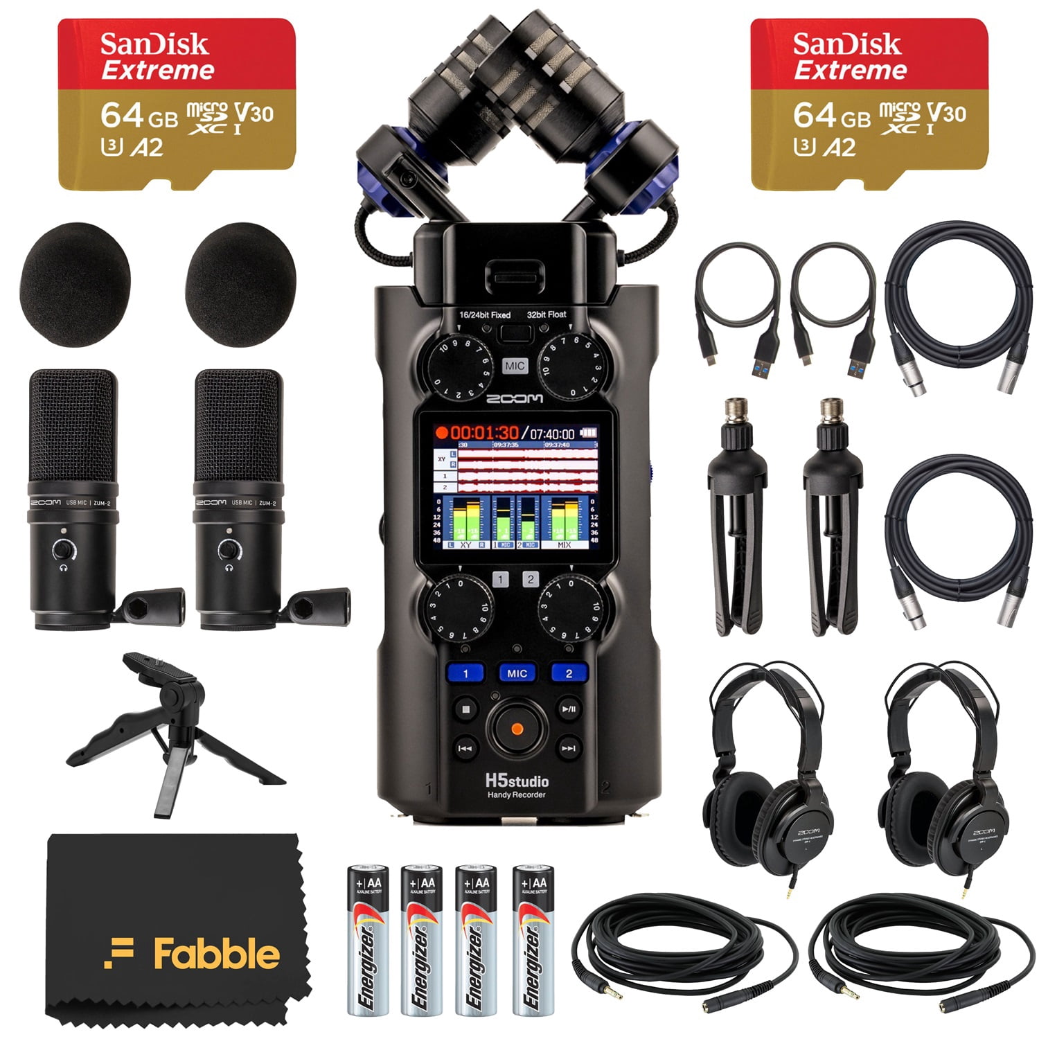 Zoom H5 Studio Handy Recorder Bundle with 2× ZDM-1 Podcast Mic Packs (Dynamic Mics, Headphones, Windscreens, XLR Cables, Stands), 64GB SD Cards, AA Batteries & Tripod Grip