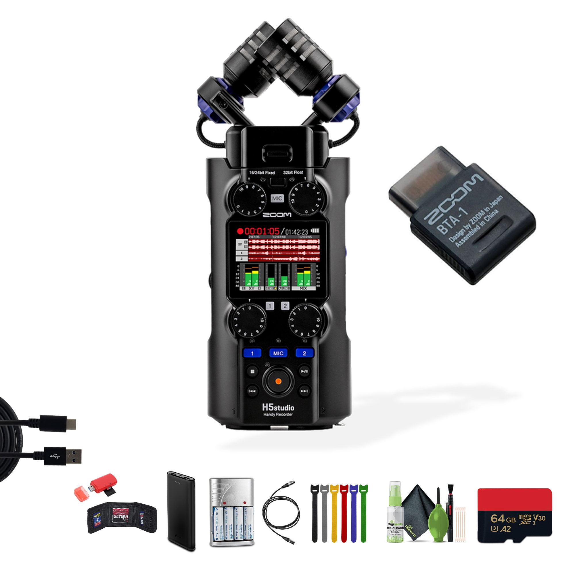 Zoom H5studio 4-Track Handy Recorder with 32-Bit Float Recording Bundle With BTA-1 Bluetooth Adapter for ARQ AR-48, L-20, R20, H3-VR & F6 + Cleaning kit + More Accessories