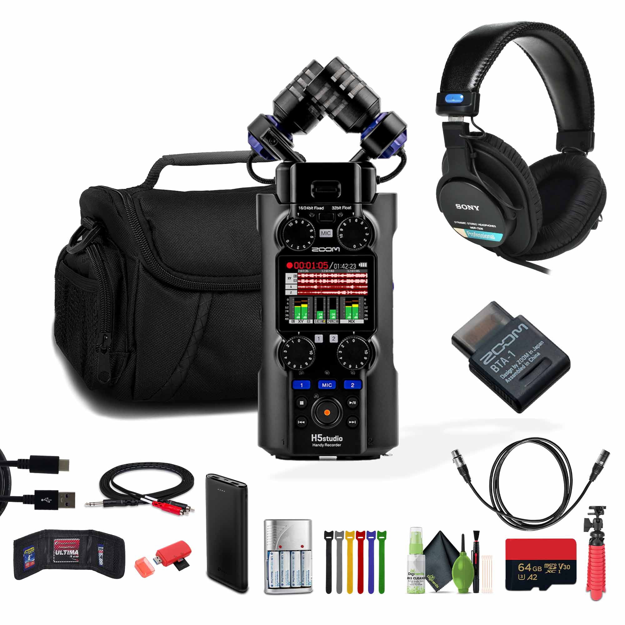 Zoom H5studio 4-Track Handy Recorder with 32-Bit Float Recording Bundle With BTA-1 Bluetooth Adapter for ARQ AR-48, L-20, R20, H3-VR & F6 + MDR-7506 Professional Stereo Headphones + More