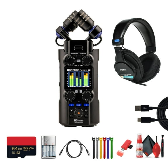 Zoom H5studio 4-Track Handy Recorder with 32-Bit Float Recording Bundle With BTA-1 Bluetooth Adapter + MDR-7506 Professional Stereo Headphones + More