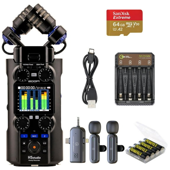 Zoom H5studio 6-Track 32-Bit Float Handy Recorder, Bundle with 3-in-1 Wireless Lavalier Mic, 64GB UHS-I SDXC Memory Card, 4x AA NiMH Batteries, 4-Bay Charger