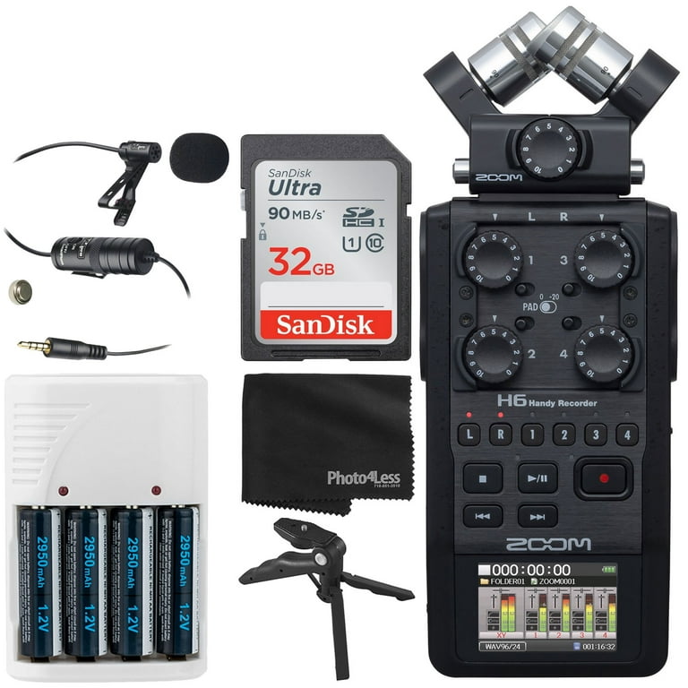 Zoom H6 All Black 6-Input / 6-Track Portable Handy Recorder with Single Mic  Capsule (Black) + 32GB Memory Card + Lavalier Condenser Microphone + 4 AA  Batteries & Charger + Tabletop Tripod/Handgrip 