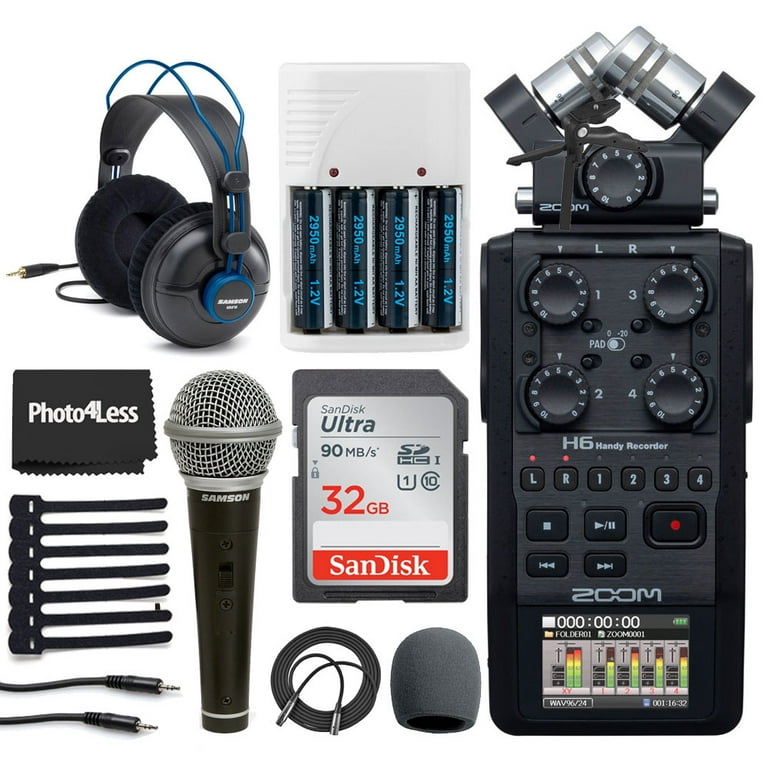 Zoom H6 All Black 6-Input /6-Track Portable Handy Recorder with Single Mic  Capsule + Headphones + Dynamic Microphone + 32GB Memory Card + Batteries  and Charger + Accesories 