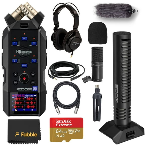 Zoom H6 Essential Handy Recorder Bundle with Zoom Stereo Shotgun Mic Capsule, Podcast Mic, Headphones, XLR Cable, Tabletop Stands, Windscreen, Cables, 2X 64GB micro SD Memory Card