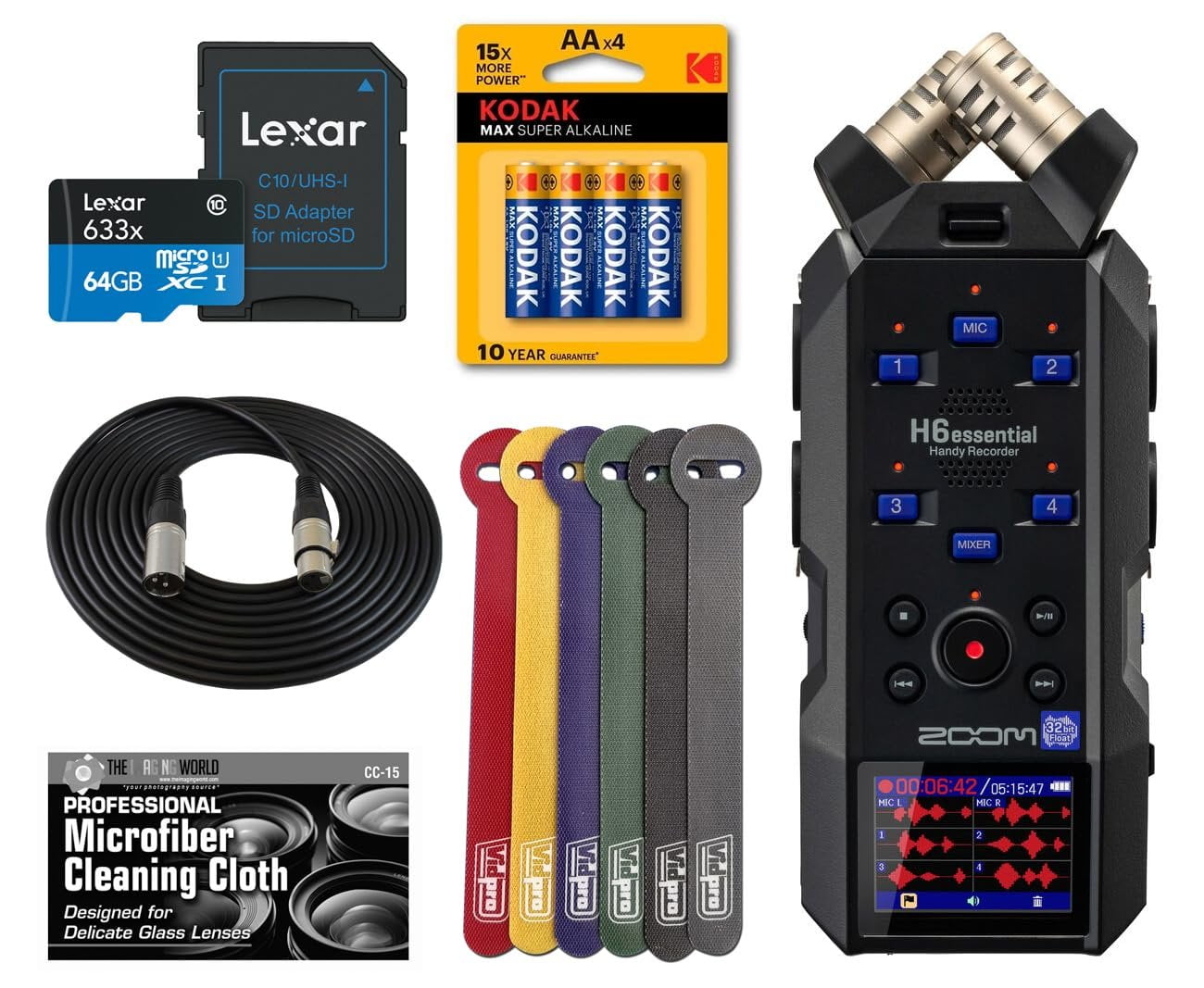Zoom H6essential 2024 Model, Essential Series with 32-Bit Float, 6-Track Recorder, Stereo Microphones, 4 XLR/TRS Inputs, for Musicians, Podcasters, & Filmmakers with 64GB Card, Batteries + Bundle