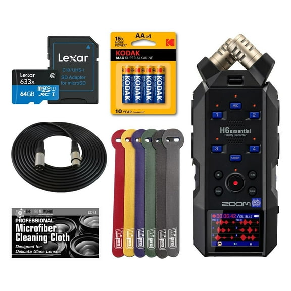 Zoom H6essential 2024 Model, Essential Series with 32-Bit Float, 6-Track Recorder, Stereo Microphones, 4 XLR/TRS Inputs, for Musicians, Podcasters, & Filmmakers with 64GB Card, Batteries + Bundle