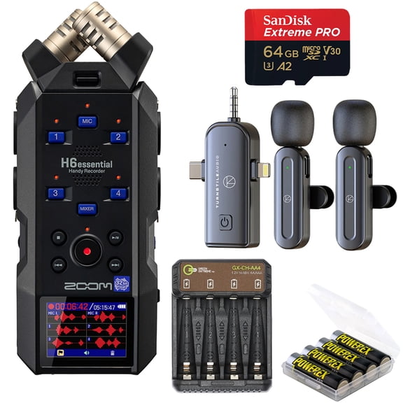 Zoom H6essential 6-Track 32-Bit Float Handy Recorder, Bundle with Lavalier Microphone, 64GB microSDXC Memory Card, 4x AA NiMH Batteries, Charger