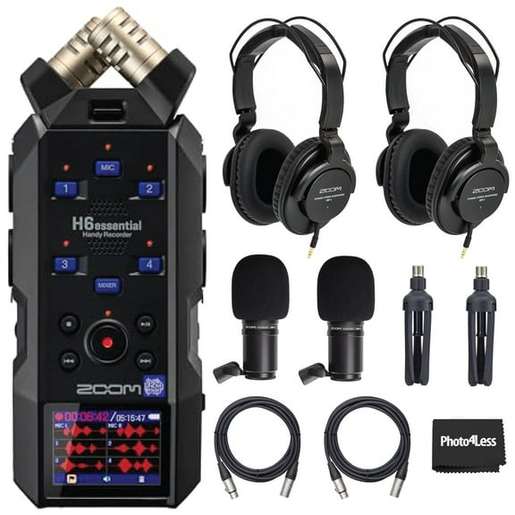 Zoom H6essential 6-Track 32-Bit Float Portable Audio Recorder Bundle With 2x Zoom ZDM-1 Podcast Mic Pack with Headphones, Windscreen, XLR Cable and Tabletop Stand