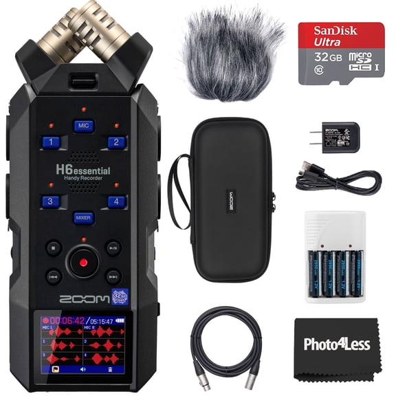 Zoom H6essential Handy Recorder, Bundle with Zoom Accessory Pack, 32GB Micro SD-Card with Adapter, 2 XLR Cable, 4 AA Batteries & Charger, Cleaning Cloth