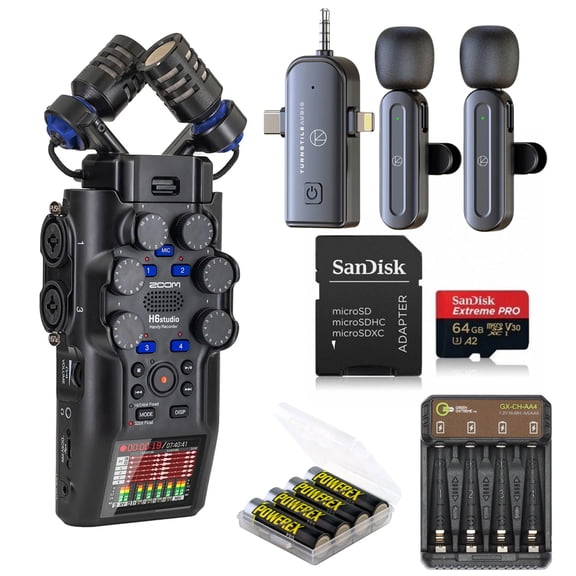Zoom H6studio 8-Track 32-Bit Float Handy Recorder, Bundle with Wireless Lavalier Mic, 64GB microSDXC Memory Card, AA Batteries & Charger