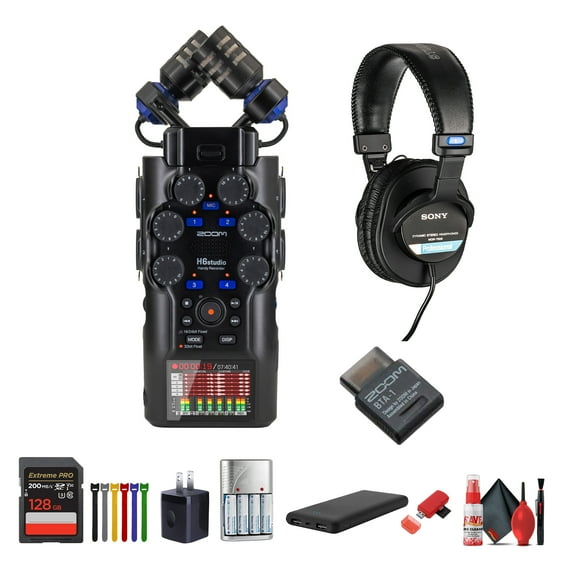 Zoom H6studio Handy Recorder, 6-Track Portable Audio Recorder with 32-Bit Float, Large X/Y Microphones Bundle with BTA-1 Bluetooth Adapter + MDR-7506 Professional Stereo Headphones + More