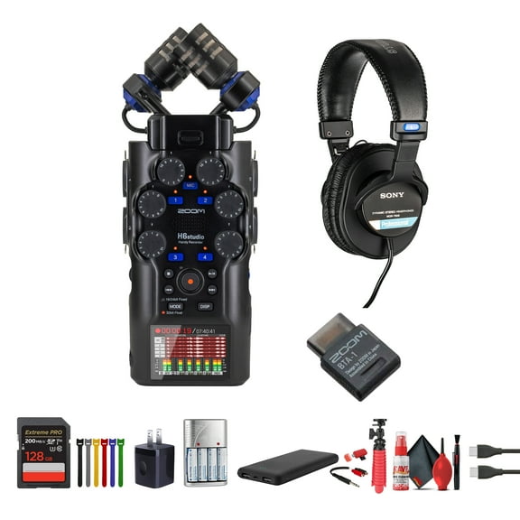 Zoom H6studio Handy Recorder, 6-Track Portable Audio Recorder with 32-Bit Float, Large X/Y Microphones Bundle with MDR-7506 Professional Stereo Headphones + BTA-1 Bluetooth Adapter + Tripod + More