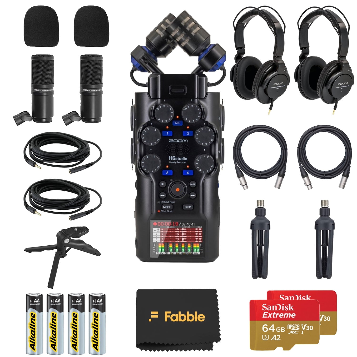Zoom H6studio Handy Recorder Bundle with 2× ZDM-1 Podcast Mic Packs, Headphones, Tabletop Stands, XLR Cables, Windscreens, Memory Cards, Batteries, and Accessories