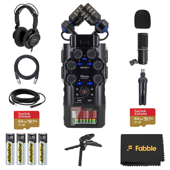 Zoom H6studio Handy Recorder Bundle with ZDM-1 Podcast Mic Packs, Headphones, Tabletop Stands, XLR Cables, Windscreens, 2X Memory Cards, Batteries, and Accessories